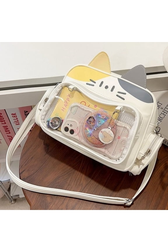 Cat Ita Bag with Clear Window - Kawaii Cat Backpack Purse, PU Leather Pin Display Bag, Adjustable Crossbody Bag for Cosplay, Christmas Halloween Gift