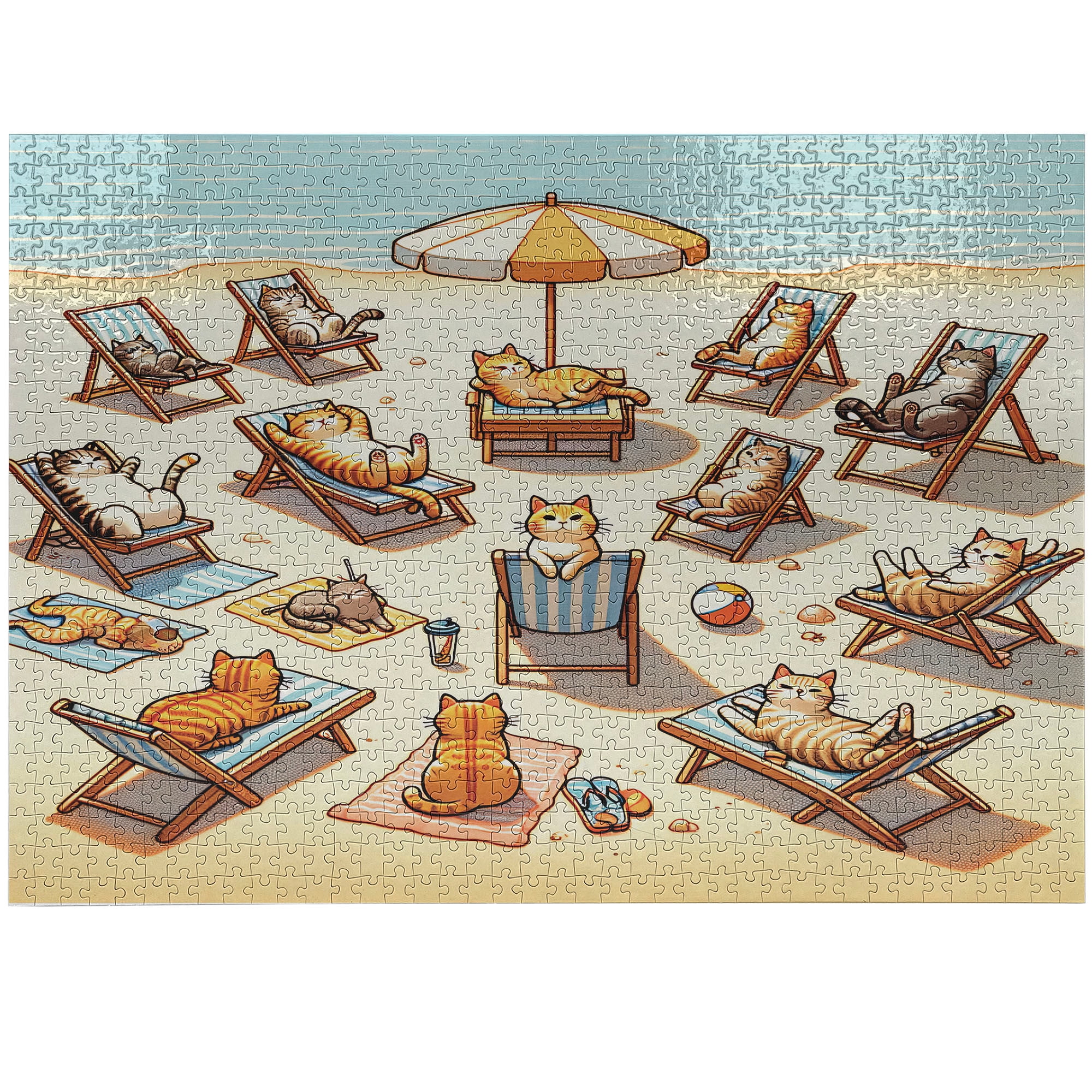 Cat Jigsaw Puzzle, Summer Time Fun Cartoon Sandy Beach Scene with Happy ...
