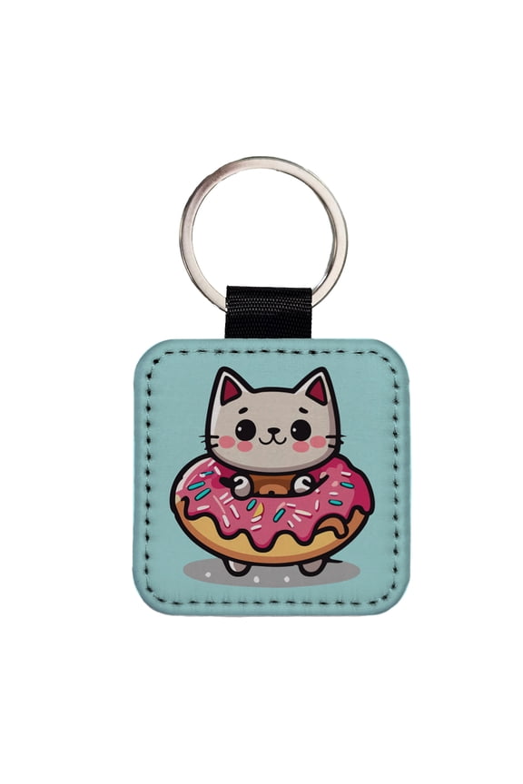 Cat Kawaii Cute in Donut Faux Leather Square Keychain