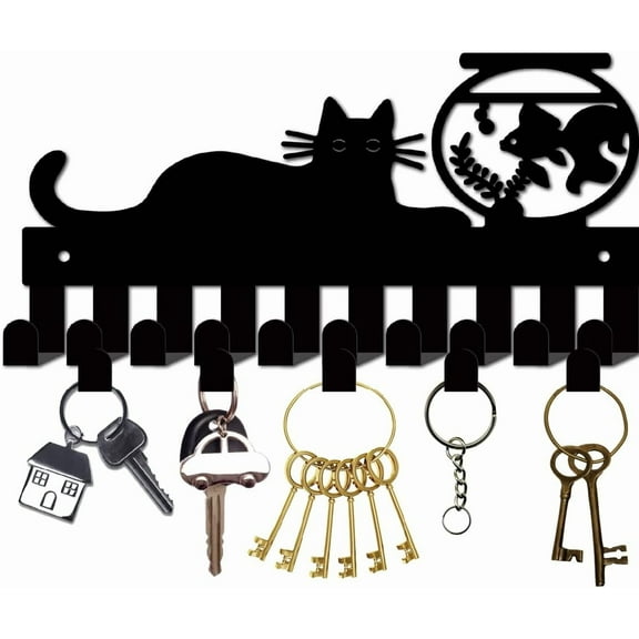 Cat Key Holder Black Bowl Key Hooks Wall Mounted Key Hooks Metal Key Hangers Holder Key Hanging Organizer Rack Wall Decorative for Keychain Entryway Front Door 10.6 x 5.1Inch