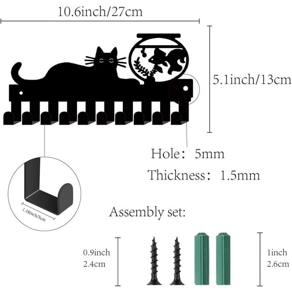 Cat Key Holder Black Bowl Key Hooks Wall Mounted Key Hooks Metal Key Hangers Holder Key Hanging Organizer Rack Wall Decorative for Keychain Entryway Front Door 10.6 x 5.1Inch