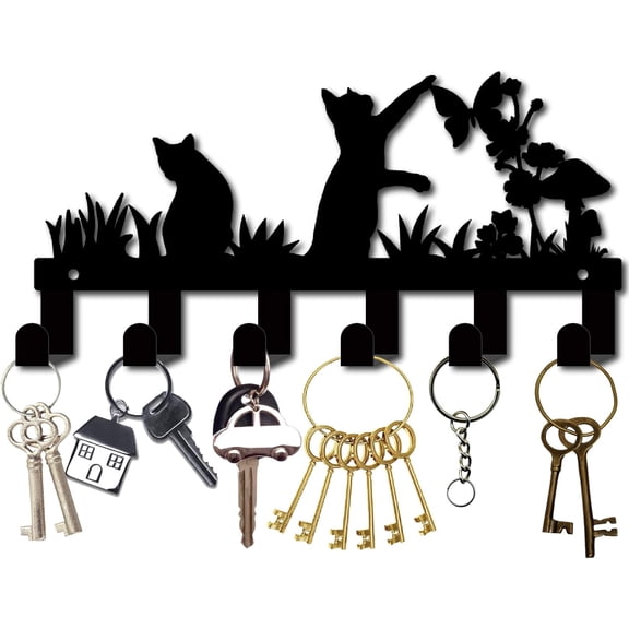 Cat Key Holder Wall Mount 6 Hooks Butterfly Black Metal Key Hooks Hanger Organizer Decorative Coat Towel Clothes Hanging Rack