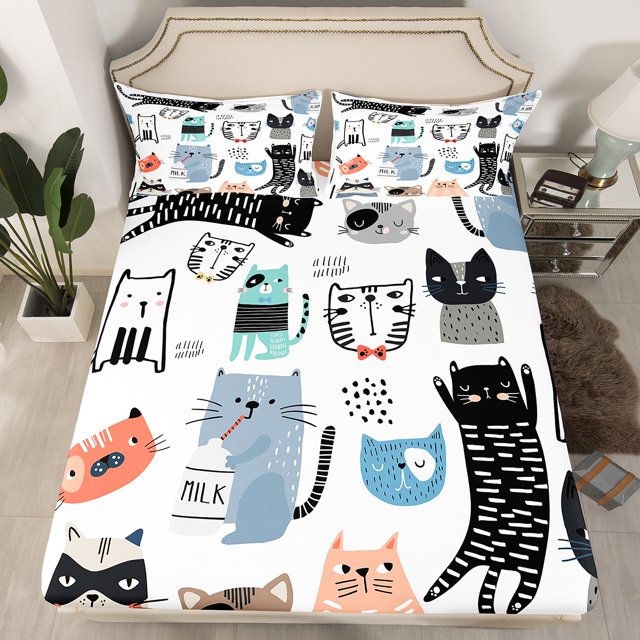Cat Kids Bedding Set Twin Size, Toddler Cartoon Cat Bed Sheets For