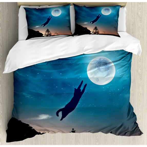Cat King Size Duvet Cover Set, Cat Jumping in the Air Catching the Moon at Night Sky with Stars Fantasy Artwork, Decorative 3 Piece Bedding Set with 2 Pillow Shams, Blue Magenta, by Ambesonne