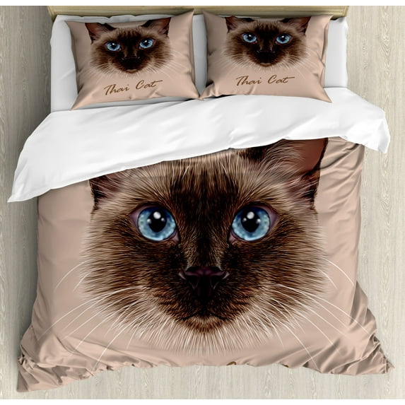 Cat King Size Duvet Cover Set, Realistic Traditional Siamese Cat Portrait Illustration Domestic Fluffy Animal Theme, Decorative 3 Piece Bedding Set with 2 Pillow Shams, Multicolor, by Ambesonne