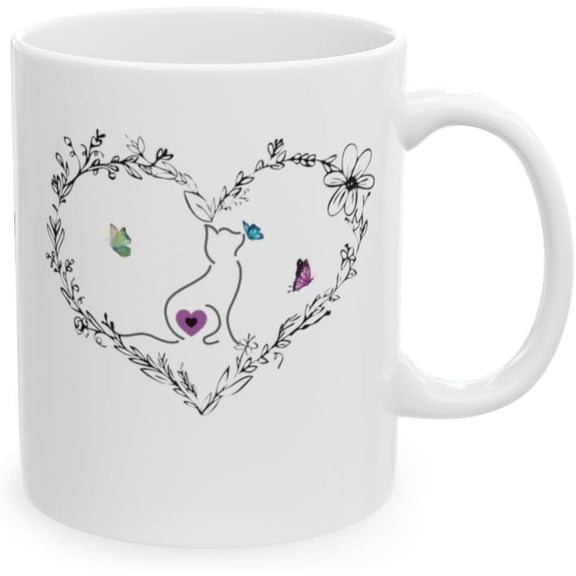 Cat Kissing a Butterfly Ceramic Coffee Mugs for Women, Black Heart Mug with a Kitty Kissing Butterflies, Cute Mugs Aesthetic
