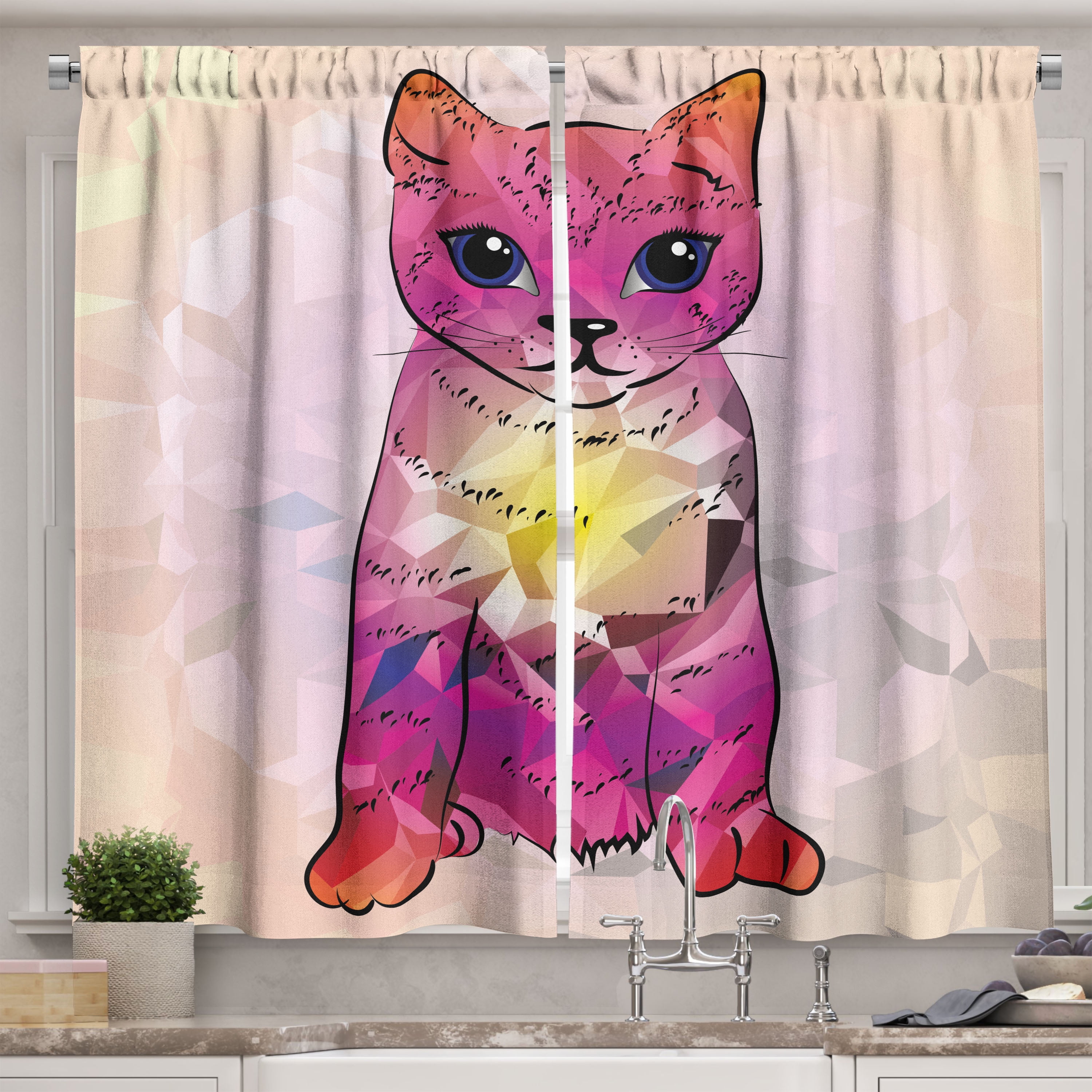 Cat Kitchen Curtains, Geometrc Digital Color Robot Cat with Technologic