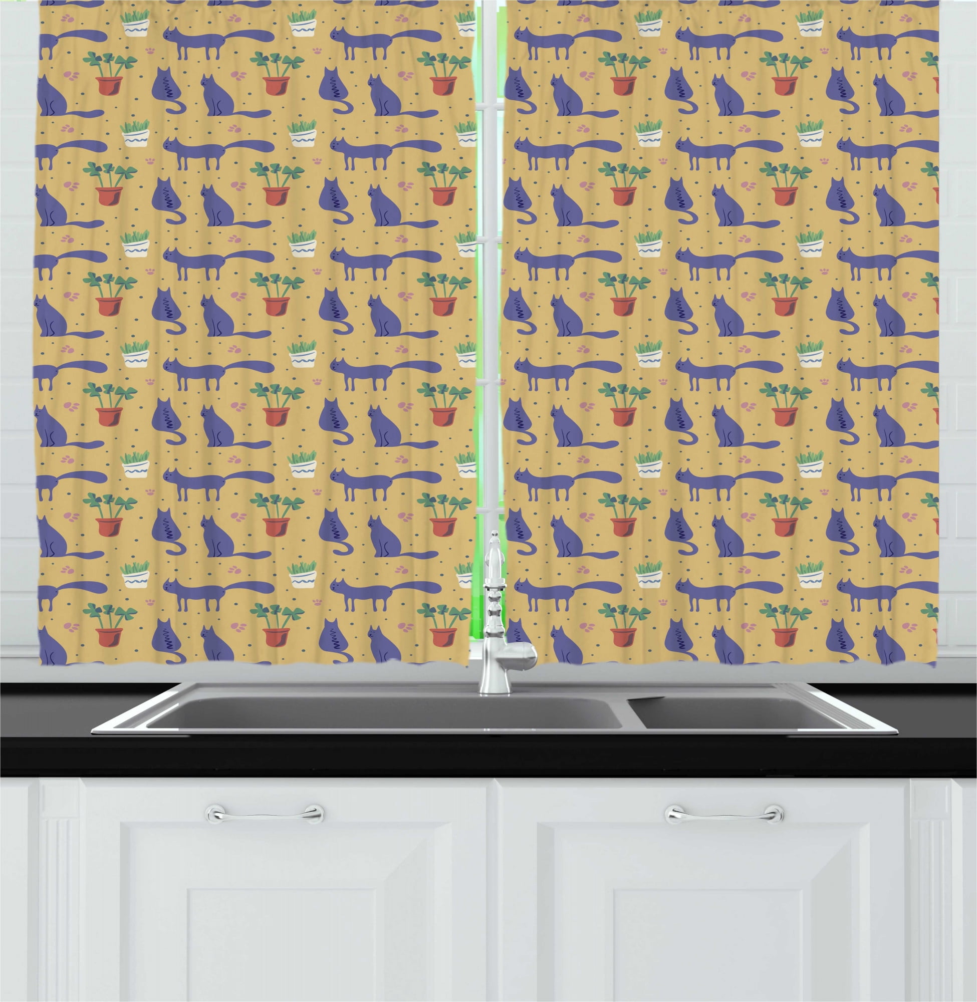 Cat Kitchen Curtains, Meow Themed Interior House Plants Cozy Maison