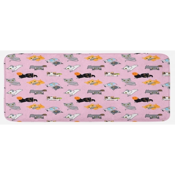 Cat Kitchen Mat, Colorful Kittens Playing with Fish Mice and Yarnball Different Breeds of Feline, Plush Decorative Kitchen Mat with Non Slip Backing, 47" X 19", Multicolor, by Ambesonne