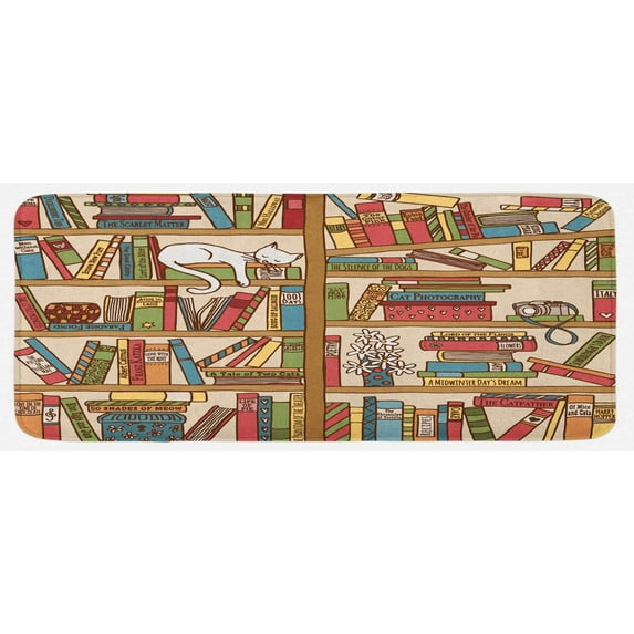 Cat Kitchen Mat, Nerd Book Lover Kitty Sleeping Over Bookshelf Library Academics Feline Boho Design, Plush Decorative Kitchen Mat with Non Slip Backing, 47" X 19", Brown Pink