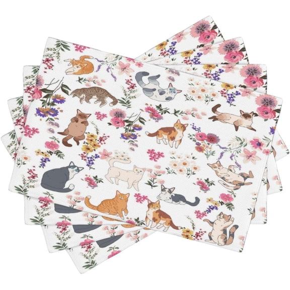 Cat Kitchen Placemats Funny Kawaii Floral Kitten Watercolor Colorful Aesthetic Art Placemats Table Dining Party 12x18 Inch Set of 4