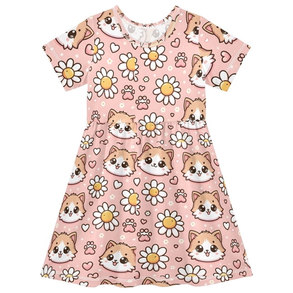 Cat Kitten Head Short Sleeve Dress A-Line Cute Midi Casual Sundress 2-8 Years