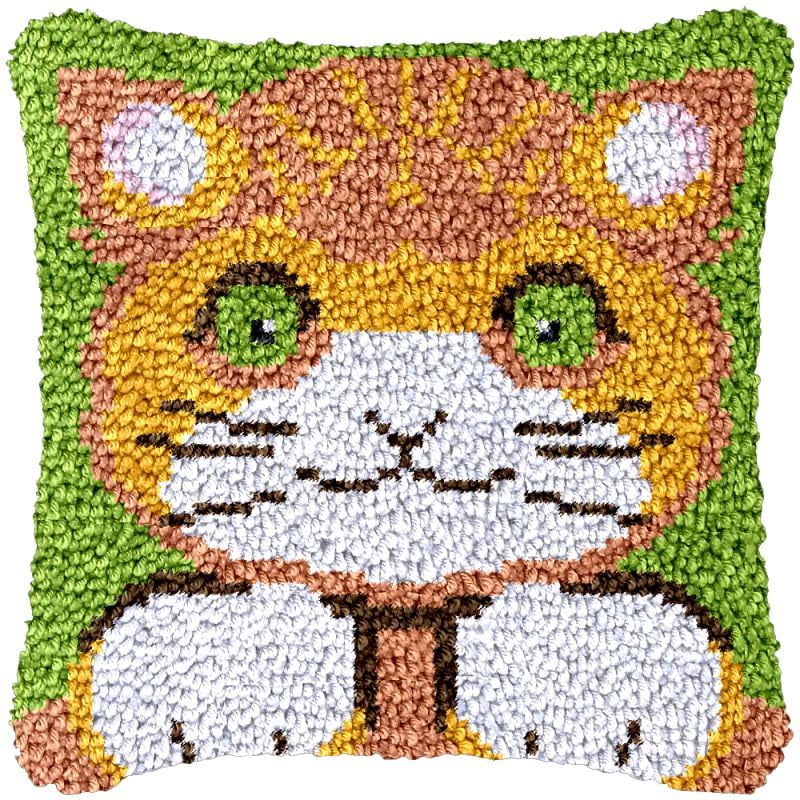 Cat Kitten Pattern Latch Hook Pillow Cover Kits for Needlework Cushion Throw Pillow Cross Stitch Crochet Hook Pillowcase Rug Kits Printed Canvas Crochet Yarn Kits Needlework 17'' X 17''