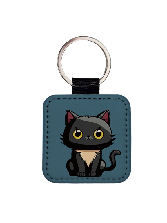 Cat Kitty Chibi Faux Leather Square Keychain