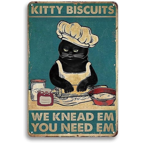 Cat Kitty Kitchen Vintage Metal Tin Sign,Kitty Biscuits We Knead Em You Need Em,Funny Cute Black Cat Wall Art Decor Metal Sign for Home Kitchen Farm Restaurant Bakery, Friends, Family
