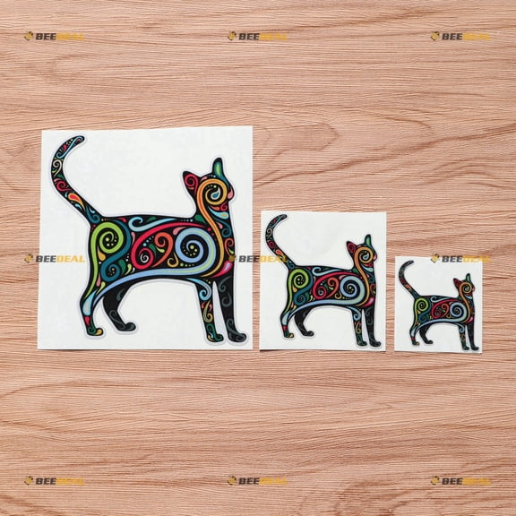 Cat Kitty Silhouette Colorful Swirls Art Vinyl Decal Sticker - 3 Pack Reflective, 2 Inches, 3 Inches, 5 Inches - for Car Boat Laptop Cup Phone