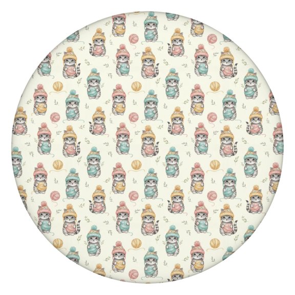 Cat Knit Yarn Beige Pattern Round Elastic Tablecloth, 45-52 Inch Waterproof, Machine Washable, Indoor & Outdoor Use