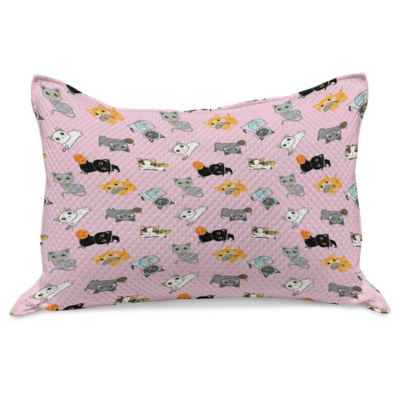 Cat Knitted Quilt Pillowcover, Colorful Kittens Playing with Fish Mice and Yarnball Different Breeds of Feline, Standard King Size Pillow Cover for Bedroom, 30" x 20", Multicolor, by Ambesonne