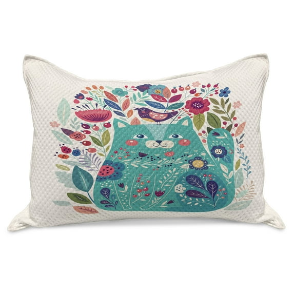Cat Knitted Quilt Pillowcover, Kitty Surrounded by Birds Flowers Ladybugs Inspirational Folk Theme, Standard King Size Pillow Cover for Bedroom, 30" x 20", Multicolor Seafoam, by Ambesonne