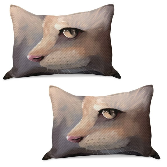 Cat Knitted Quilt Pillowcover Set of 2, Illustration Cat Portrait Kitty Zoom Face Big Eyes Whiskers Meow Contemporary Design, Standard Queen Pillow Sham Bedroom, 30" x 20", Cream, by Ambesonne