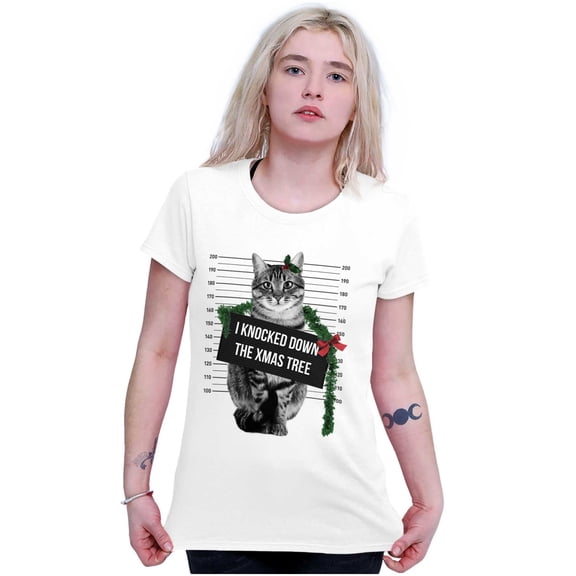 Cat Knocked Down the Christmas Tree Womens Fitted Plus Size Graphic Tee Brisco Brands 2X