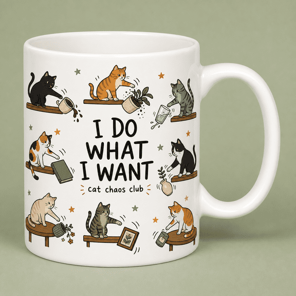 Cat Knocking Things Over Mug, Funny Cat Chaos Club 2D Flat Mug Gift for Cat Lovers