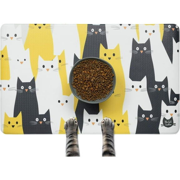The Cat Ladies Cats Feeding Mat - Waterproof Dishwasher Safe Small Pet Eating Placemat - Cat Dog Food Mats for Food and Water Bowl - Protect Floors from Mess - Black & Yellow Cats