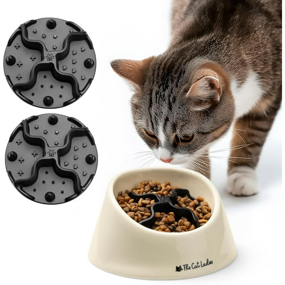 The Cat Ladies Slow Feeder - Healthy Feeding Bowl with Two Silicone Inserts - Help Pets Eat Slower - Control Eating Pace for Better Digestion - Feed Bowls Set for Dogs or Cats
