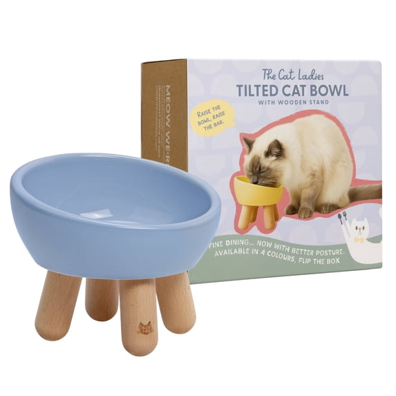 The Cat Ladies Tilted Ceramic Cat Bowl - Elevated Food Bowls Ceramic Pet Bowl - Raised Ceramics Bowls - Elevated & Tilted Design for Comfortable Eating - Blue