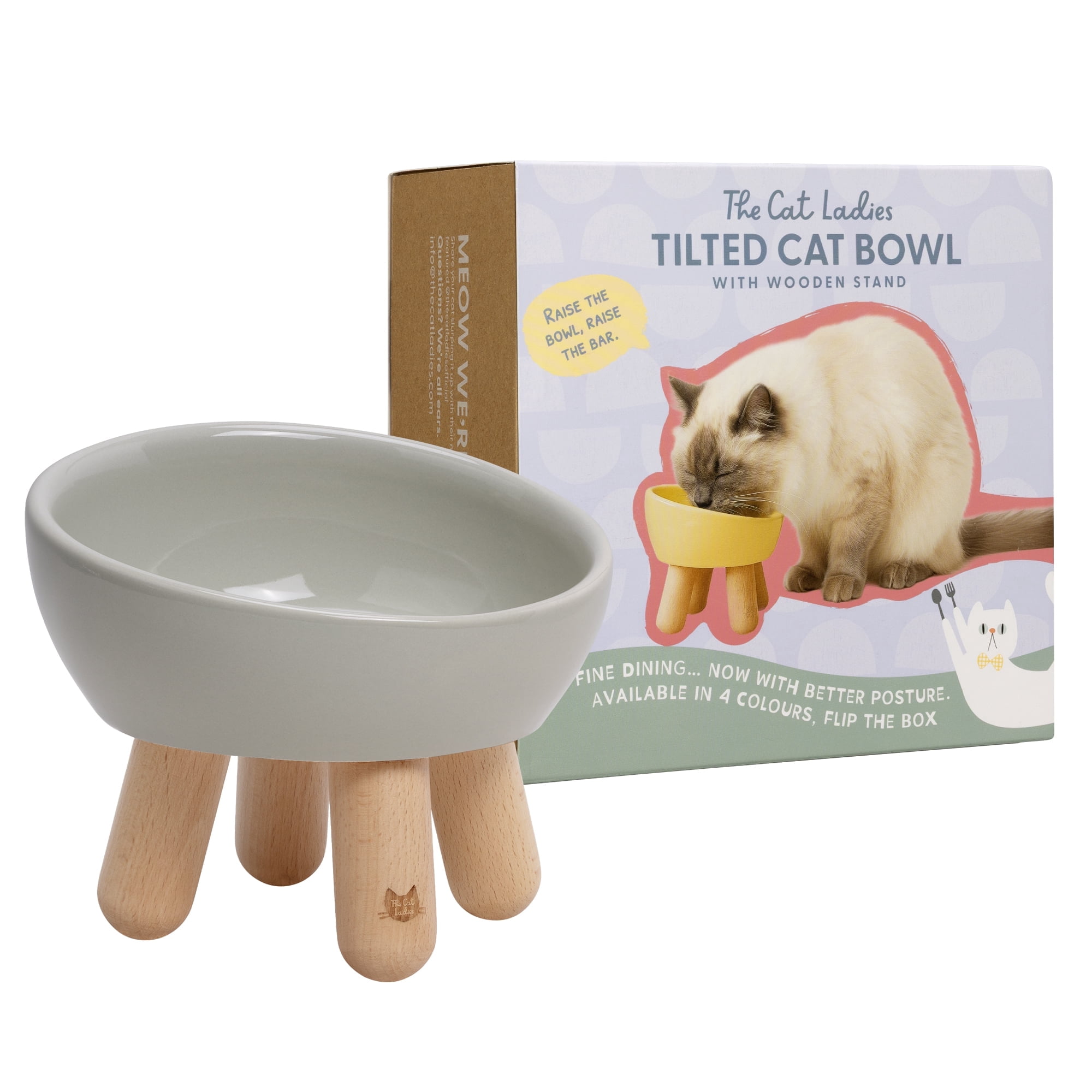 The Cat Ladies Tilted Ceramic Cat Bowl - Elevated Food Bowls Ceramic Pet Bowl - Raised Ceramics Bowls - Elevated & Tilted Design for Comfortable Eating - Grey