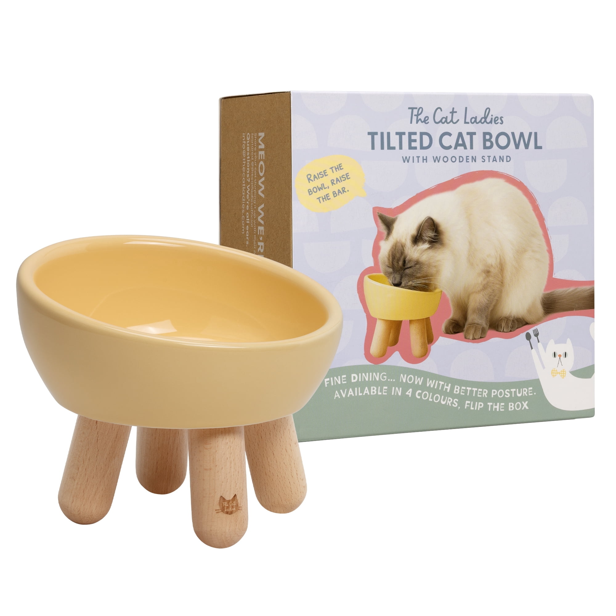 The Cat Ladies Tilted Ceramic Cat Bowl - Elevated Food Bowls Ceramic Pet Bowl - Raised Ceramics Bowls - Elevated & Tilted Design for Comfortable Eating - Yellow-