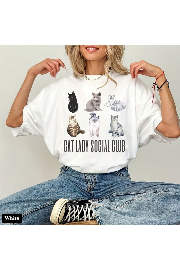 Cat Lady Social Club Women's T-Shirt Funny Retro Cat Lover Graphic Tee Aesthetic White Short Sleeve Casual Apparel for Women
