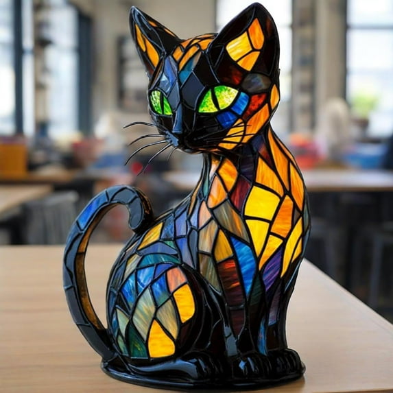 Cat Lamp, Cat Lamp Stained Glass,Retro Cats Stained Resin Tabletop Night Light,3D Cute Pet Led Table Light (A1)