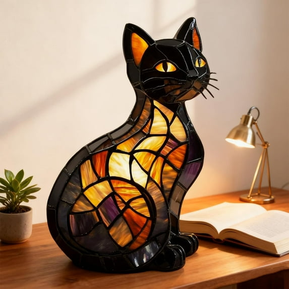 Cat Lamp,Cat Night Light, Retro Cat Lamp with Colored Glass, Cat Series Art Night Light, Resin Desk lamp, Suitable for Bedroom, Warm Animal Night Light, Suitable for Home Decoration and Gifts