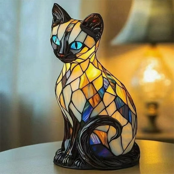 Cat Lamp, Stained Glass Cat Lamp - Decorative Resin LED Night Light for Cat Lovers, Vintage 3D Table Lamp, Cozy Glow for Desk & Mantel - Fun Gift for Pet Owners