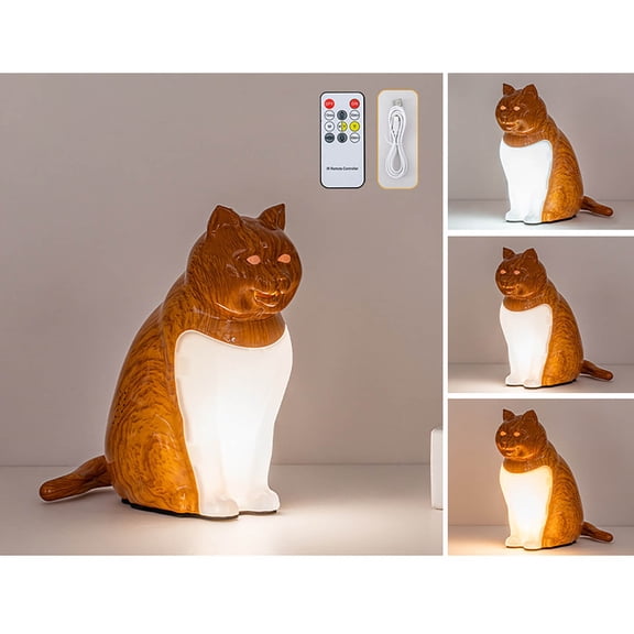 Cat Lamp USB Charging Cat Figurine Night Light with Wood Grain Finish Sound Diffuser and Decorative Ornament for Bedside Table(1Pcs) Rkxzt