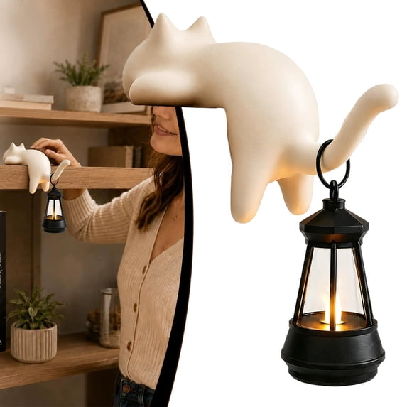 Cat with Lantern Shelf Decor, Decorative Bookshelf Light, 3D Printed Cats Shelf Hook with LED Lantern, Cats Hook with Lanterns for Keys Desk Bookshelf, Gift for Cat Lovers