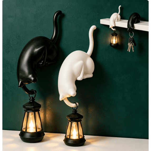Cat with Lantern Shelf Decor, Decorative Bookshelf Light, 3D Printed Cats Shelf Hook with LED Lantern, Cats Hook with Lanterns for Keys, Desk Edge & Bookshelf, Gift for Cat Lovers (ALL-2PC)