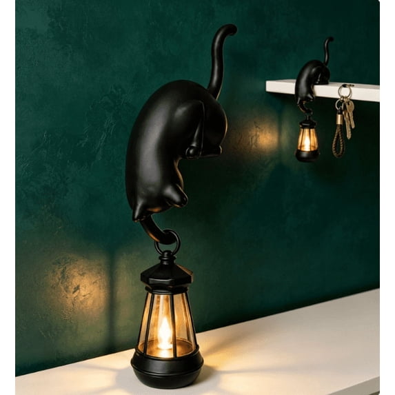 Cat with Lantern Shelf Decor, Decorative Bookshelf Light, 3D Printed Cats Shelf Hook with LED Lantern, Cats Hook with Lanterns for Keys, Desk Edge & Bookshelf, Gift for Cat Lovers (Black)