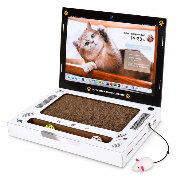Cat Laptop Scratcher Foldable Corrugated Board with Plush Mouse for Indoor Cats