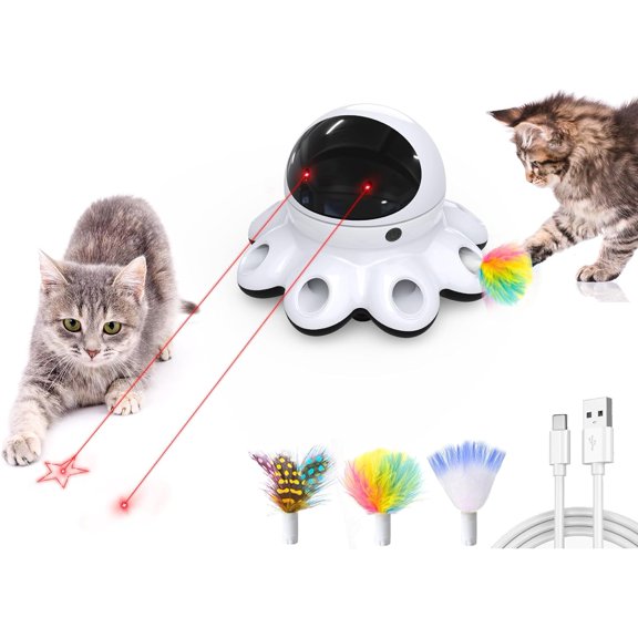Cat Laser Toy, 2-in-1 Interactive Automatic Motion Activated Moving 8 Holes Whack A Mole Feather, USB Rechargeable Electronic Smart Sensor Kitten Toys for Indoor Exercise