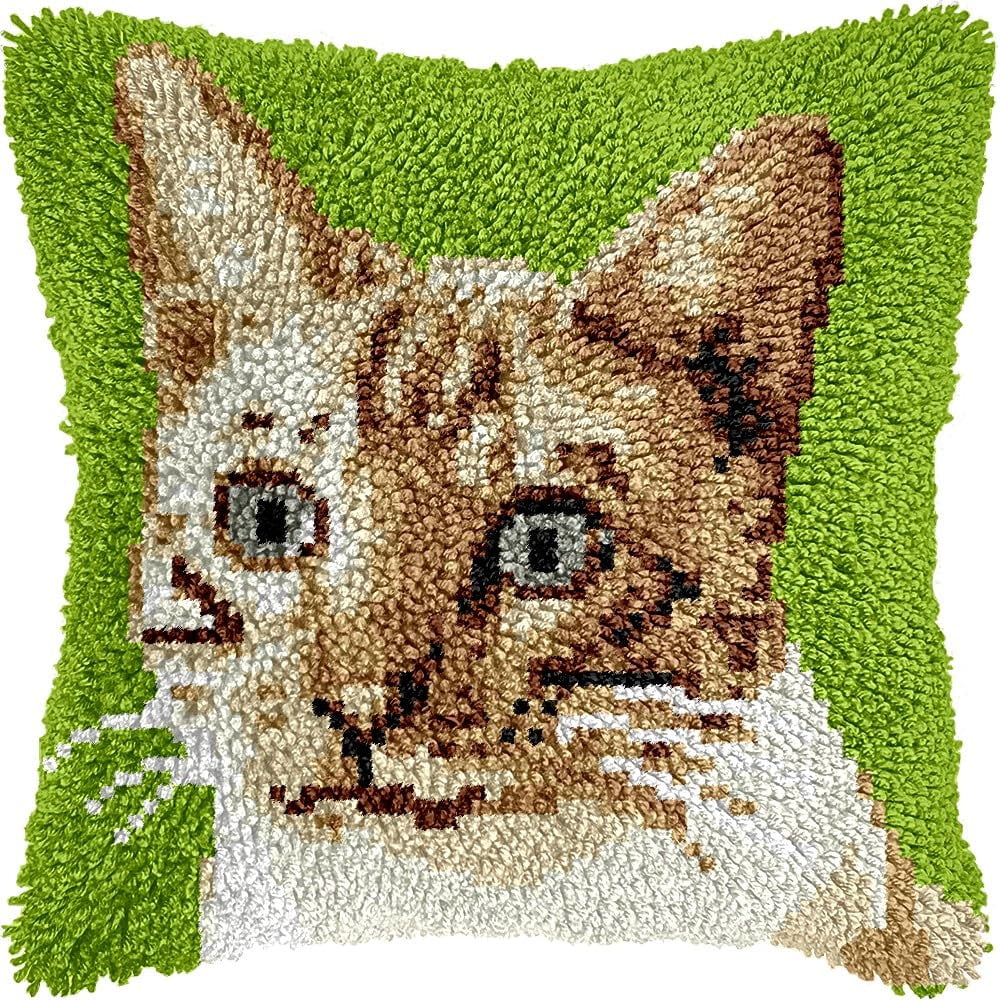 Cat Latch Hook Kits Pillow DIY Pillowcase Crochet Hook Cushion Making Kits with Preprinted Pattern Canvas Instruction Yarns Pillow Cover Easy Starter DIY Crochet Kits 43x43cm（L37)