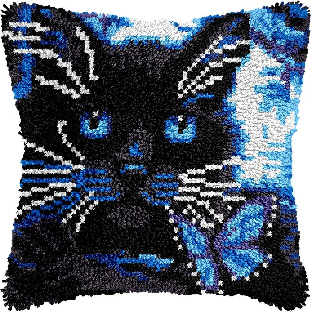 Cat Latch Hook Kits Pillow DIY Pillowcase Crochet Hook Cushion Making Kits with Preprinted Pattern Canvas Instruction Yarns Pillow Cover Easy Starter DIY Crochet Kits 43x43cm（L12)