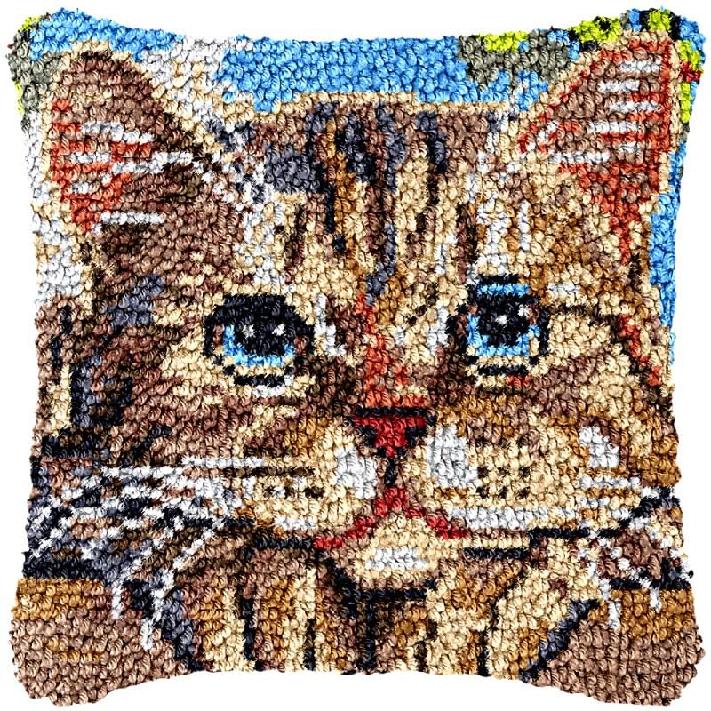 Cat Latch Hook Pillow Cover Kits for DIY Handmade Throw Pillow Cross Stitch Latch Hook Pillowcase Rug Kits with Preprinted Color Pattern Canvas Crochet Yarn Kits 17''X 17''(ys26)