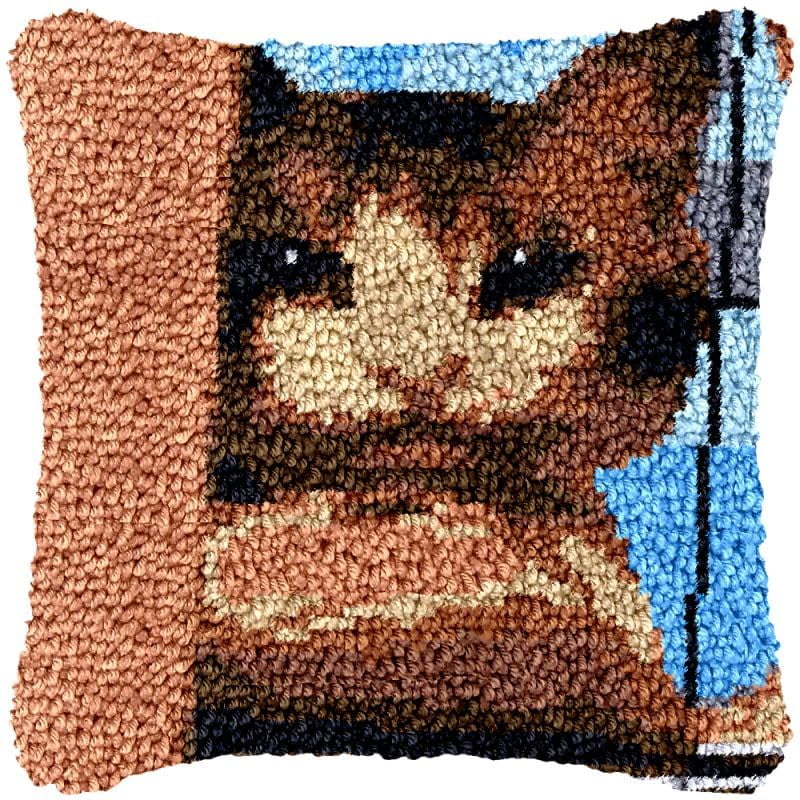Cat Latch Hook Pillow Cover Kits for DIY Handmade Throw Pillow Cross Stitch Latch Hook Pillowcase Rug Kits with Preprinted Color Pattern Canvas Crochet Yarn Kits 17''X 17''(fv166)