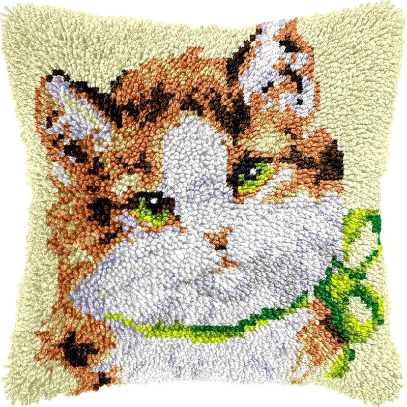 Cat Latch Hook Pillow Kits Pillow Cover with Pattern Printed Canvas Crochet Cross Hooking Pillowcase Cushion Crafts Embroidery Latch Hooking Crochet Kits 17x17 inch(62)