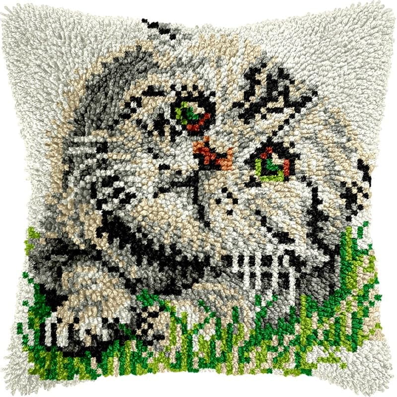 Cat Latch Hook Pillow Kits Pillow Cover Pattern Printed Canvas Crochet Cross Stich Hooking Pillowcase Cushion Crafts Embroidery Latch Hooking Crochet Kits Set 17x17 inch(119)