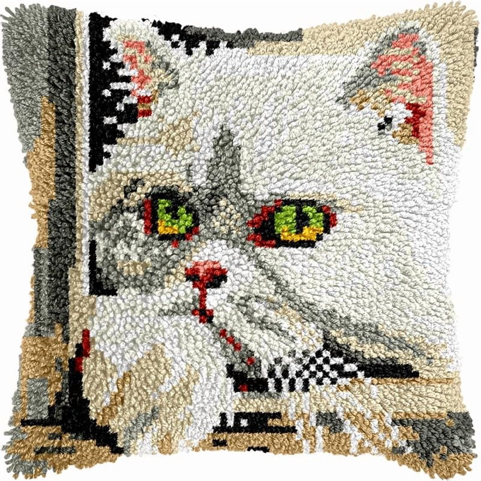 Cat Latch Hook Pillow Kits Pillow Cover Pattern Printed Canvas Crochet Knitted Hooking Pillowcase Cushion Crafts Embroidery Latch Hooking Crochet Kits Set 17x17 inch(71)