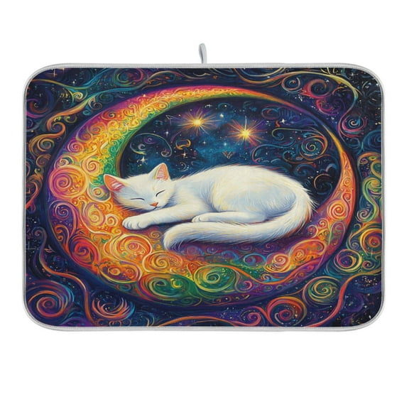 Cat Laying on Moon Dish Drying Mat 16x18 Absorbent Microfiber Draining Rack Pad for Kitchen Counter Sink