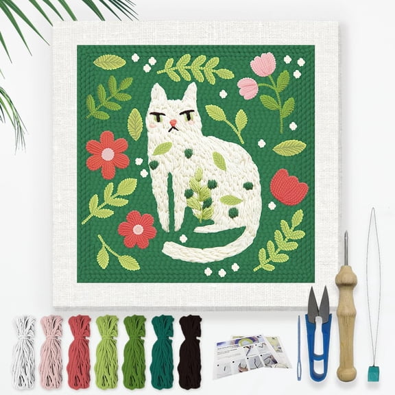 Cat Leaf DIY Punch Needle Embroidery Kit for Adult Beginner 9.4" White Cat Punch Stitching Craft Set for Starter with Frame Fabric Pattern Threader Yarn Pinch Needle for DIY